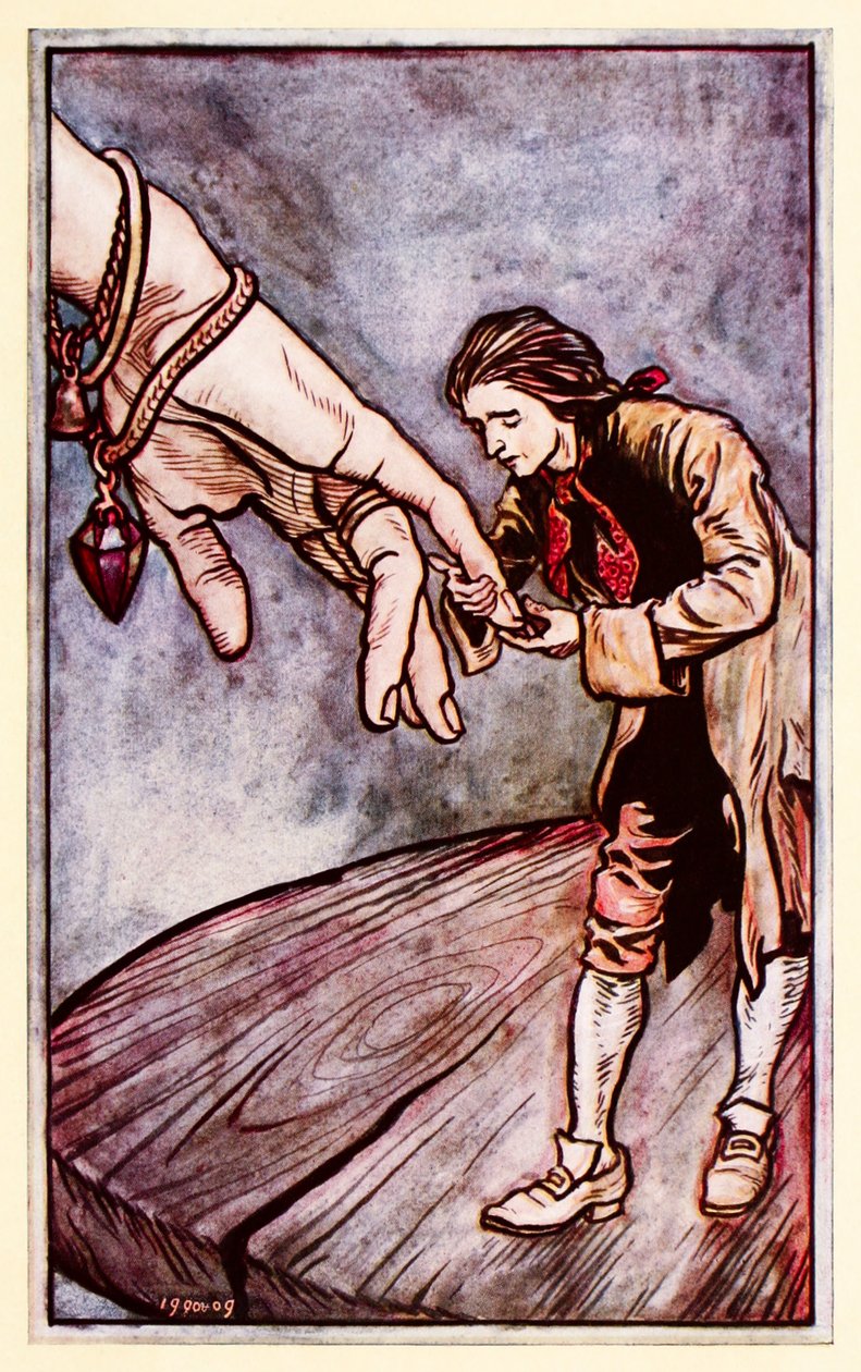 Gulliver całuje rękę Królowej Brobdingnagów z części II: Podróż do Brobdingnag w Podróży Guliwera autorstwa Jonathana Swifta autorstwa Arthur Rackham