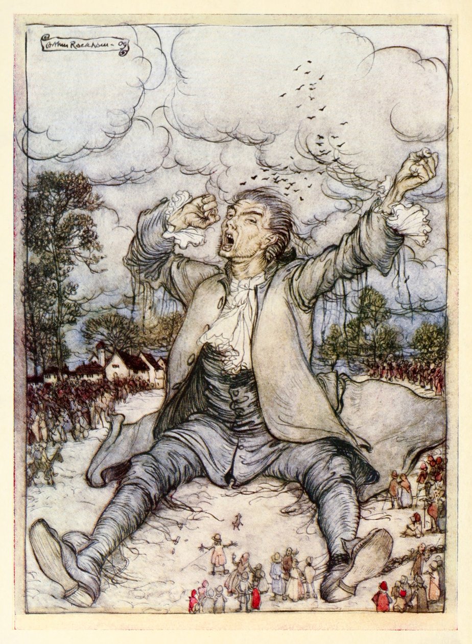 Gulliver uwolniony ze strun podnosi się i przeciąga z części I: Podróż do Lilliput w Podróży Guliwera Jonathana Swifta autorstwa Arthur Rackham