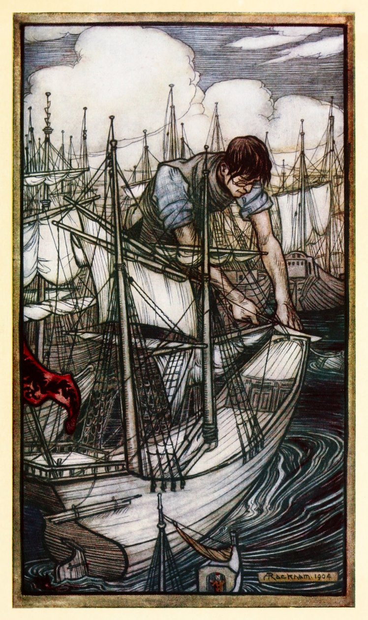 Guliwer przejmuje flotę wroga z części I: Podróż do Liliputów w Podróżach Guliwera Jonathana Swifta. autorstwa Arthur Rackham