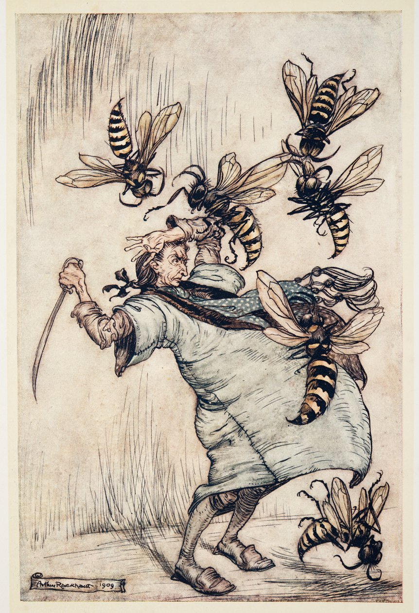 Walka Guliwera z Osami, z Podróży Guliwera Jonathona Swifta (1667-1745), wyd. 1909 (kolor lito) autorstwa Arthur Rackham