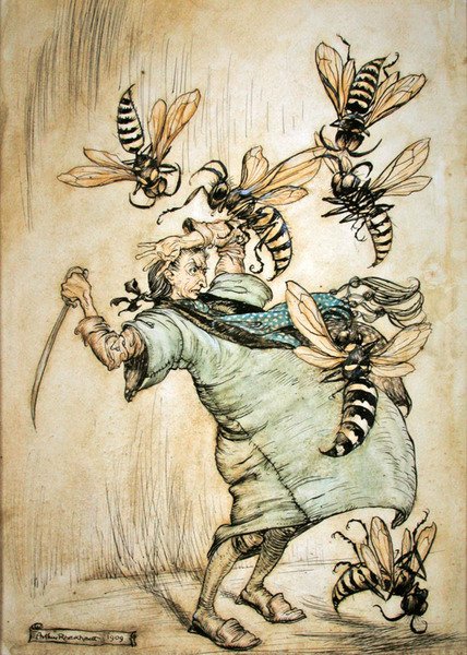 Walka Guliwera z osami autorstwa Arthur Rackham