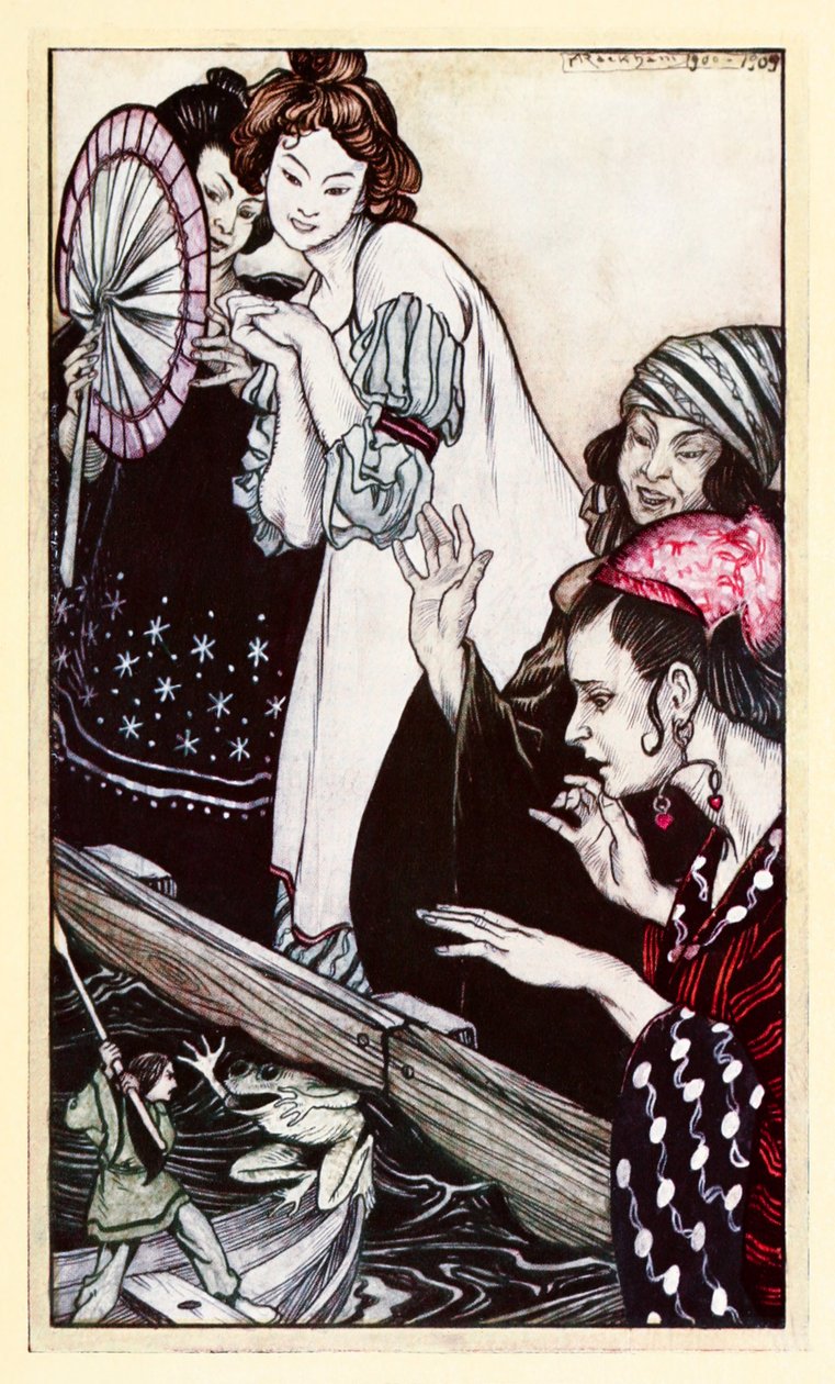 Spotkanie Guliwerów z żabą z części II: Podróż do Brobdingnag w Podróży Guliwera Jonathana Swifta autorstwa Arthur Rackham