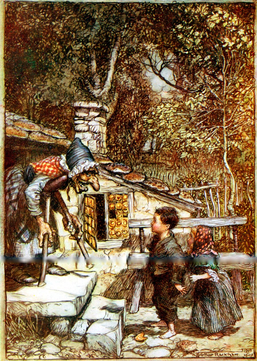 Jaś i Małgosia i Czarownica na progu swojego domku autorstwa Arthur Rackham