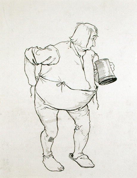 „Medytował nad potężnym szkicem: jedna ręka grzebała w swoich metkach, podczas gdy druga wyciągnęła się w akcie chwytania Jorum”, ilustracja z The Ingoldsby Legends lub Mirth and Marvels”, opublikowanej 1898 (pióro i atrament na papierze) autorstwa Arthur Rackham