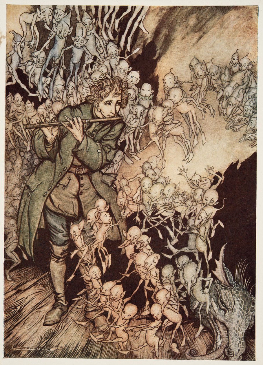 Grał, dopóki pokój nie został całkowicie wypełniony gnomami, z Little Brother & Little Sister i Other Tales by the Brothers Grimm, pub. 1917 autorstwa Arthur Rackham
