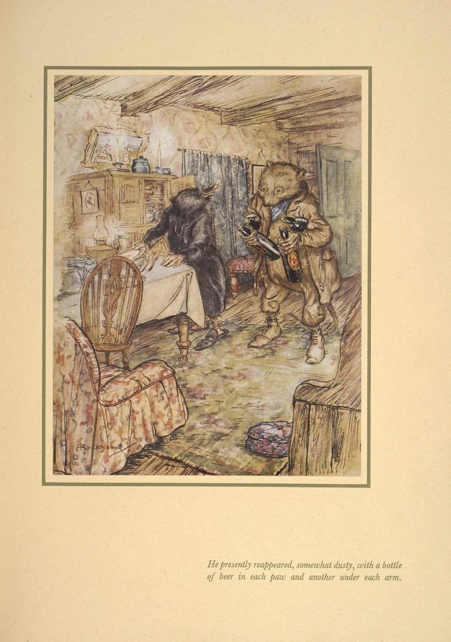 Wkrótce pojawił się ponownie, nieco zakurzony, z butelką piwa w każdym piwie pod pachami”. autorstwa Arthur Rackham