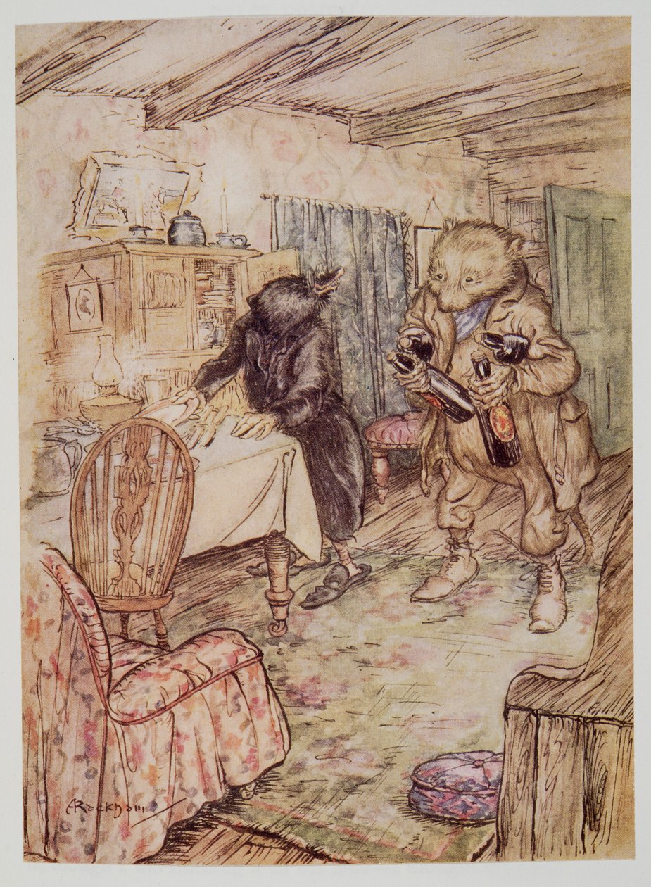 Niebawem pojawił się ponownie, nieco zakurzony, z butelką piwa w każdej łapie i drugą pod pachą, z Wind in the Willows Kennetha Grahame