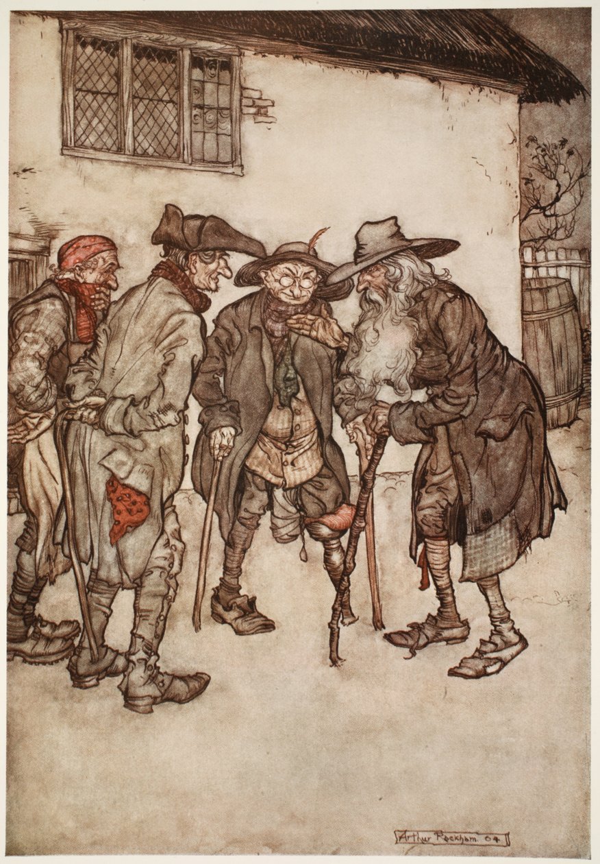 Wkrótce znalazł wielu swoich dawnych kumpli, choć wszystkich gorszych ze względu na zużycie czasu, z pubu Rip Van Winkle w Washington Irving. 1910 autorstwa Arthur Rackham