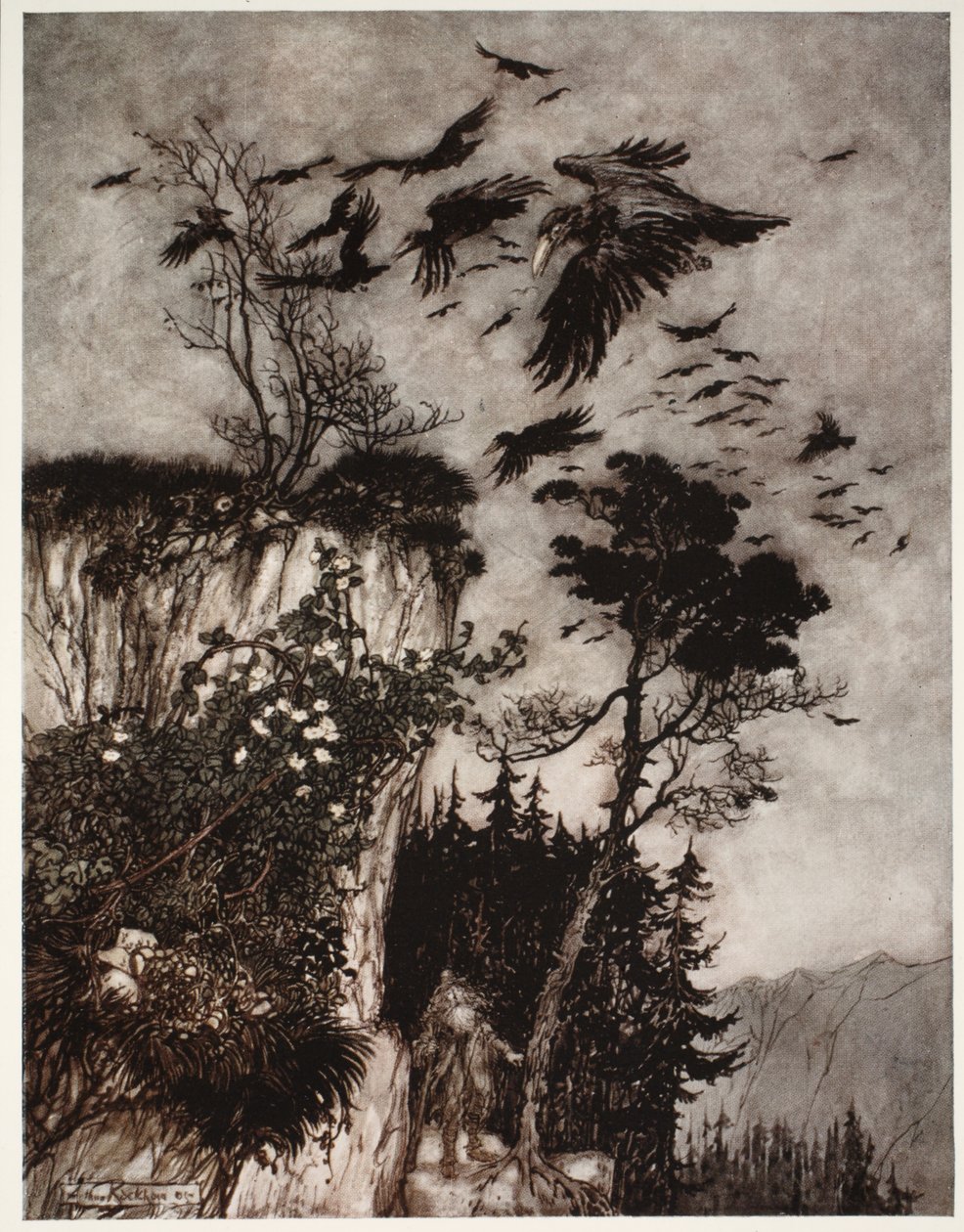 Odpowiedziało mu tylko stado bezczynnych wron, z pubu Rip Van Winkle wydanego przez Washington Irving. 1910 autorstwa Arthur Rackham