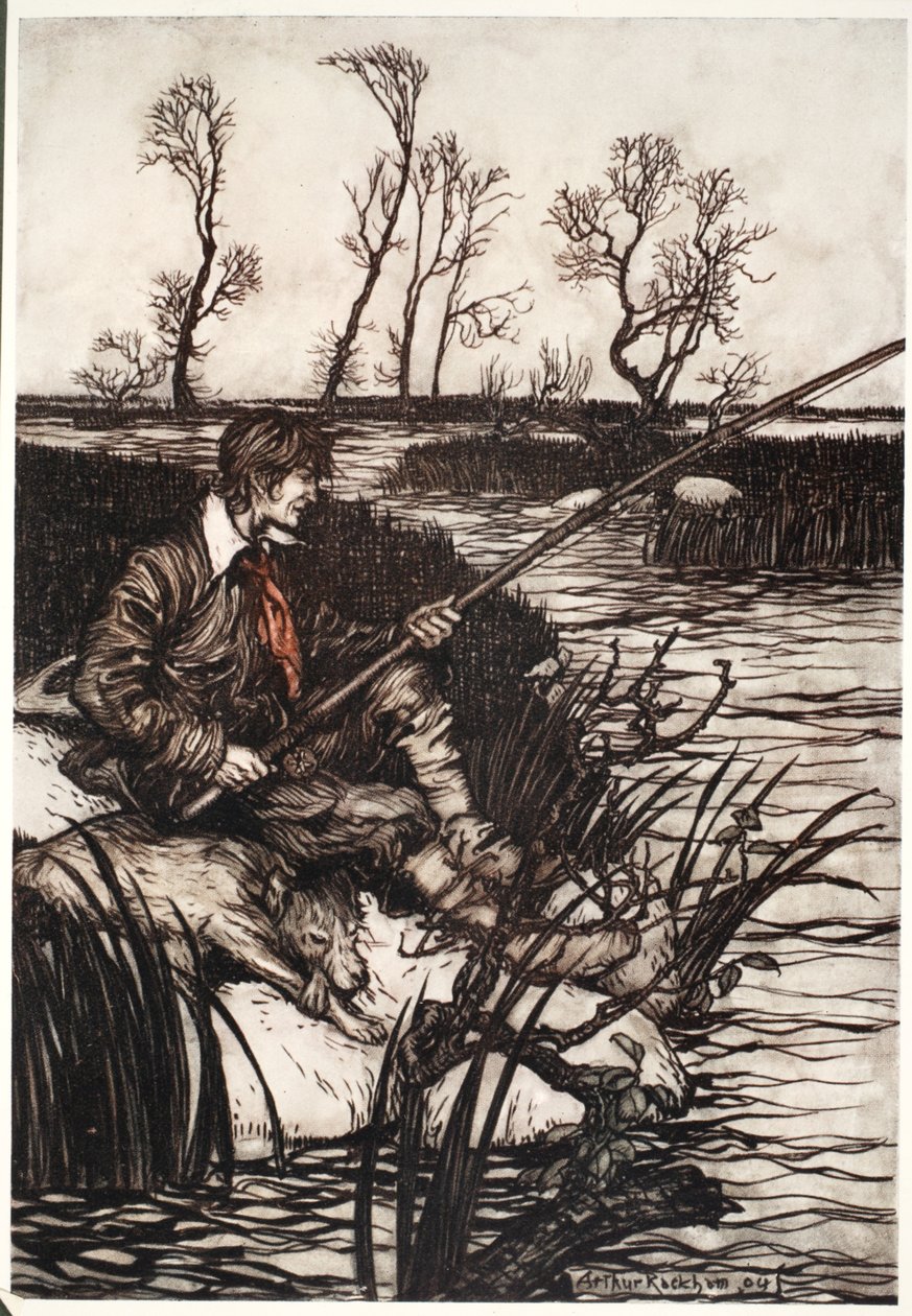 Cały dzień siedział na mokrej skale i łowił ryby, z pubu Rip Van Winkle by Washington Irving. 1910 autorstwa Arthur Rackham