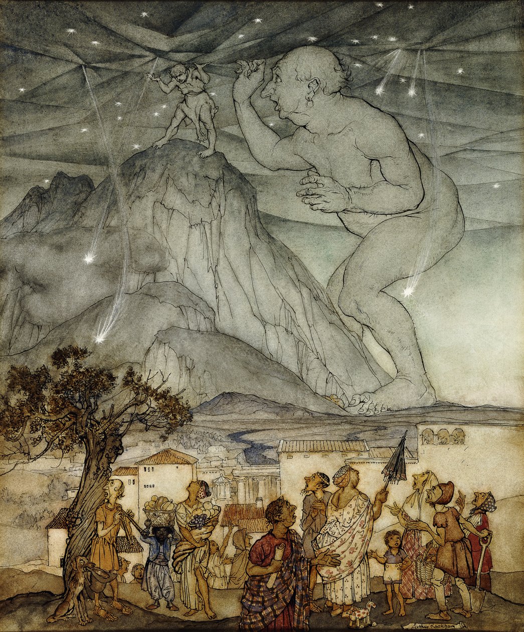 Hercules wspierający niebo zamiast Atlasa, 1922 autorstwa Arthur Rackham