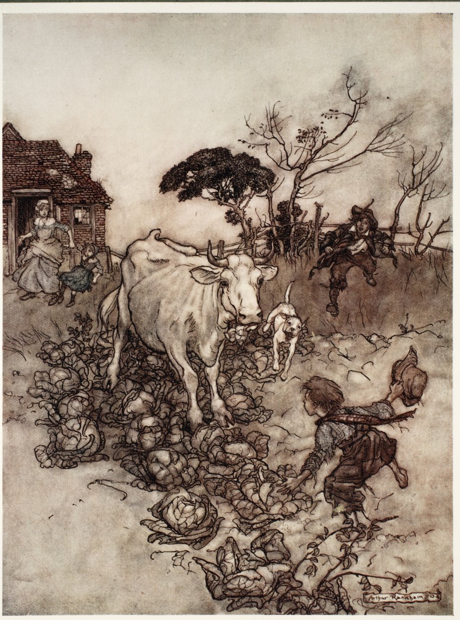 Jego krowa zbłądziła lub dostała się między kapustę, z pubu Rip Van Winkle przy Washington Irving. 1910 autorstwa Arthur Rackham
