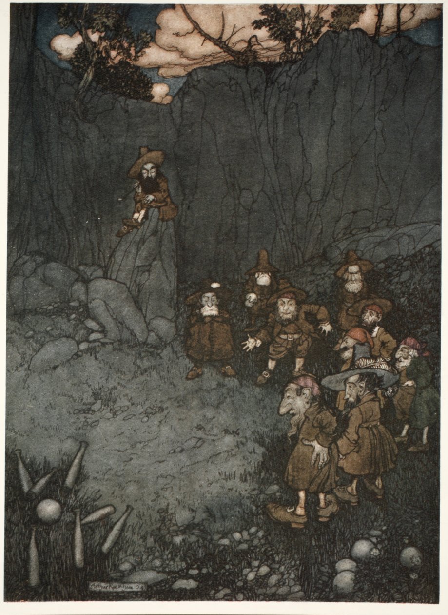 Jego ojciec widział ich w starych holenderskich sukienkach, grających na szpilkach, z pubu Rip Van Winkle przy Washington Irving. 1910 autorstwa Arthur Rackham