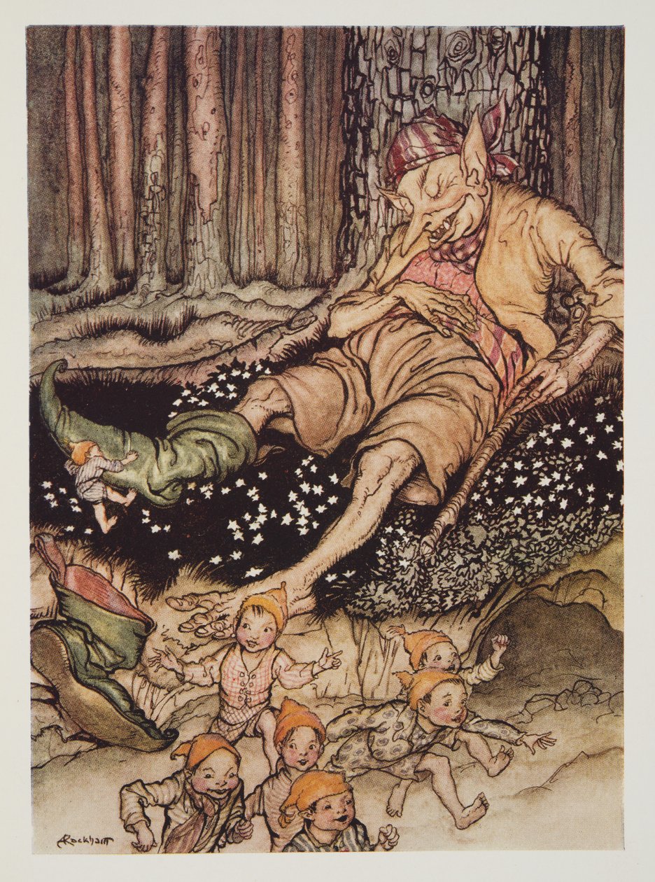 Hop-o-my-thumb podszedł cicho do Ogra i ściągnął swoje siedmioligowe buty z pubu The Arthur Rackham Fairy Book. 1933 autorstwa Arthur Rackham
