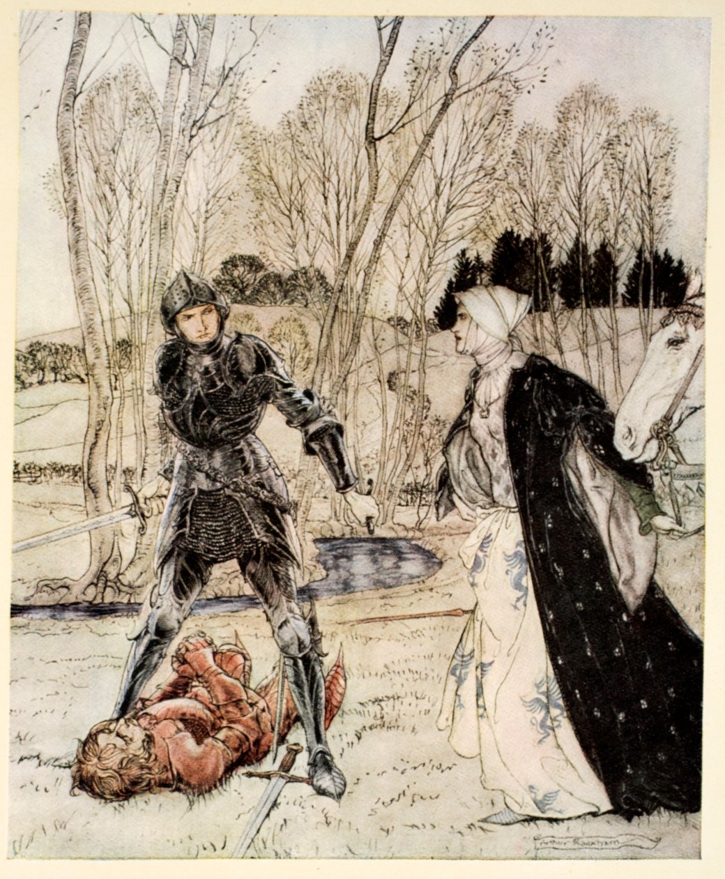 Jak Beaumains pokonał Czerwonego Rycerza i zawsze dama mówiła do niego wiele brzydkich słów, ilustracja z „Rosyju króla Artura i jego rycerzy Okrągłego Stołu” Alfreda W. Pollarda, 1910 autorstwa Arthur Rackham