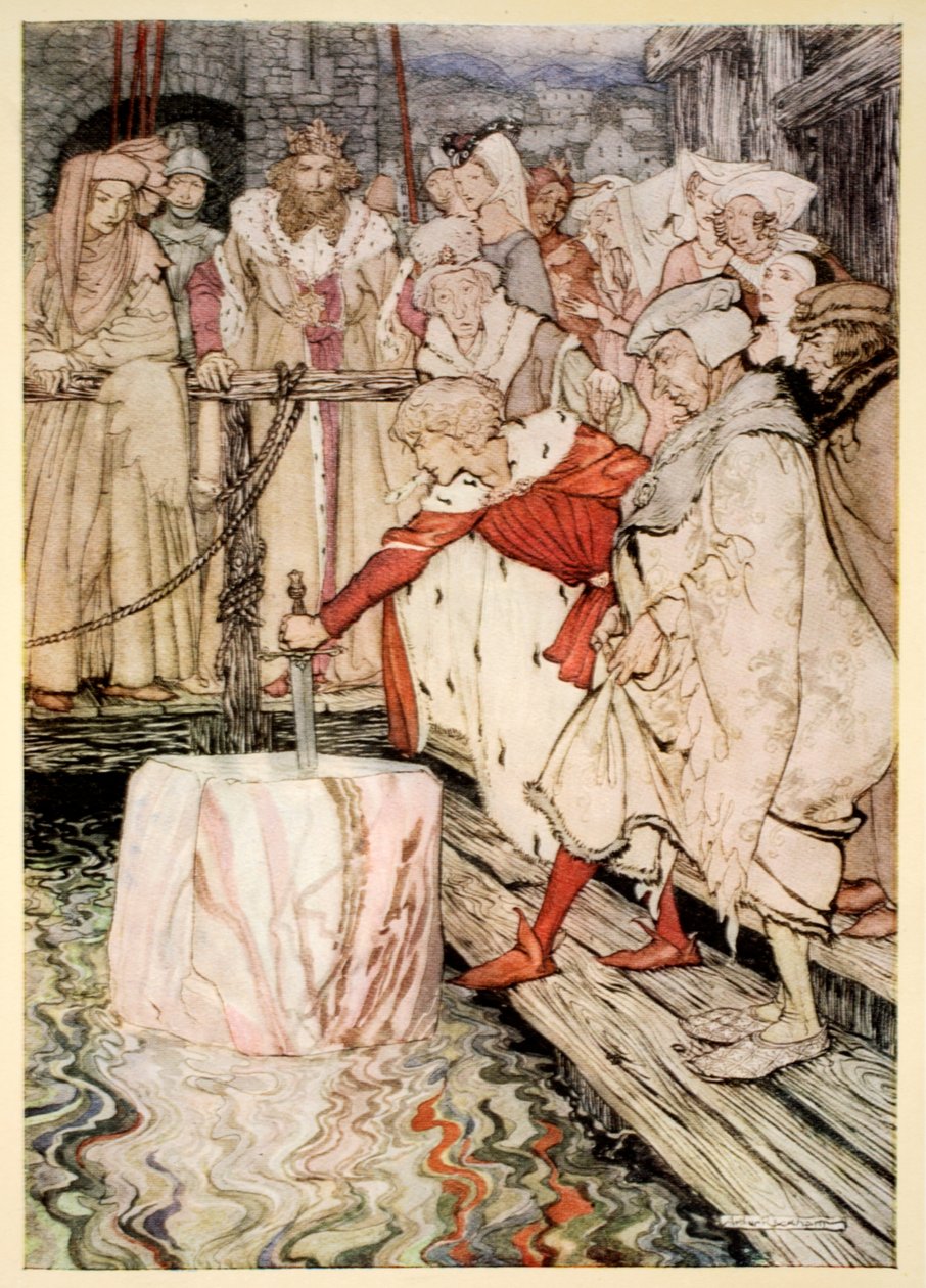 Jak Galahad wyciągnął miecz z pływającego kamienia w Camelot, ilustracja z 
