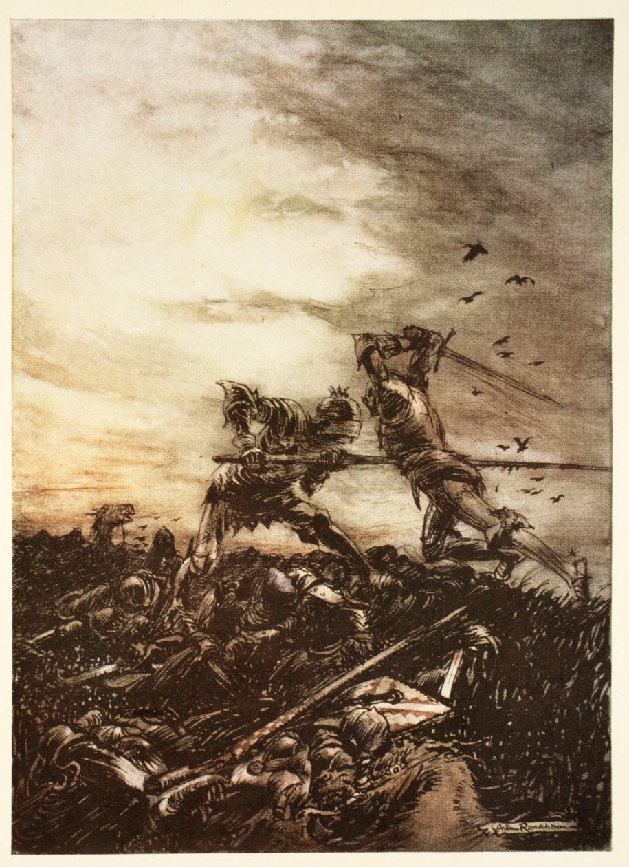 Jak Mordred został zabity przez Artura i jak przez niego został śmiertelnie zraniony, ilustracja z „Romansu króla Artura i jego rycerzy Okrągłego Stołu” Alfreda Pollarda autorstwa Arthur Rackham