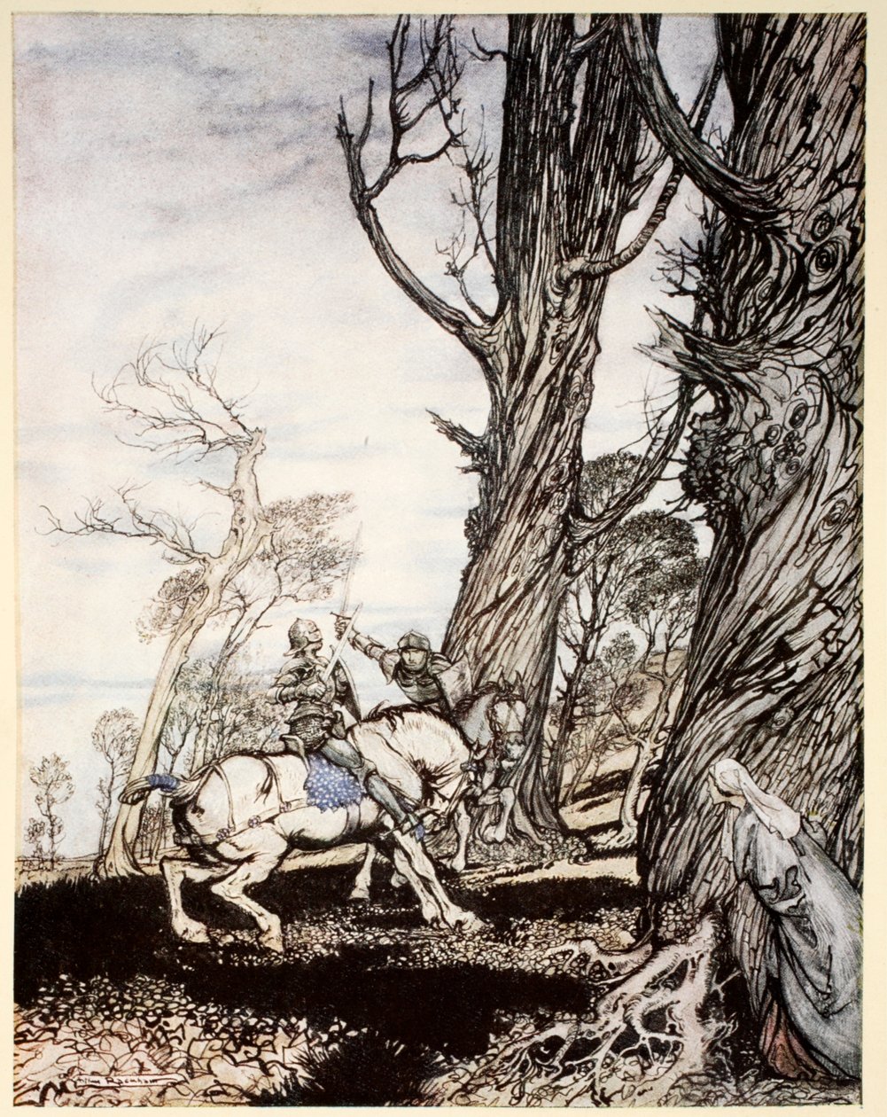 Jak Sir Launcelot zabił rycerza Sir Peris de Forest Savage, który niepokoił damy, damosels i gentlewomwen, ilustracja z 