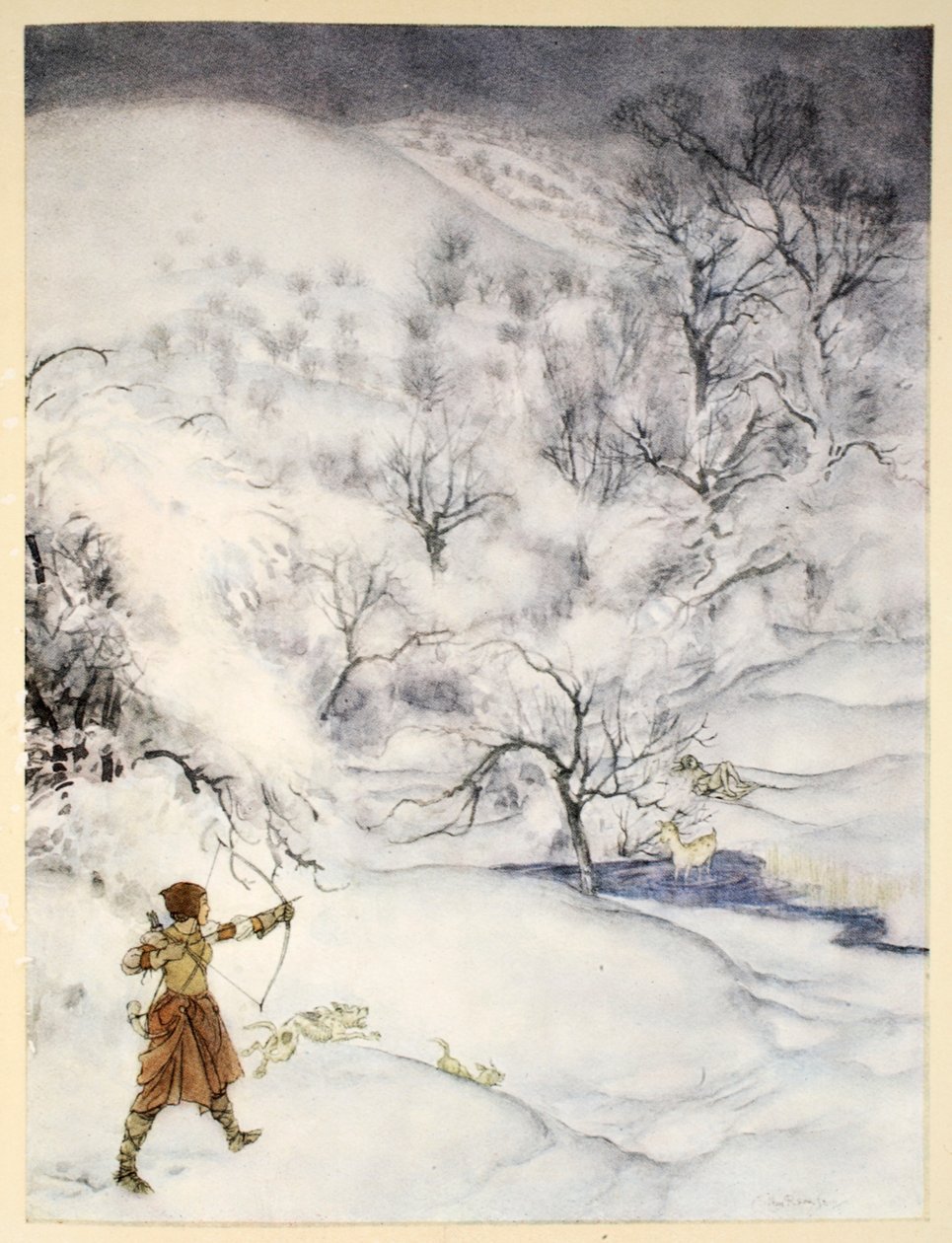 Jak sir Launcelot został zastrzelony przez polującą dżentelmenkę, ilustracja z „Rosomania króla Artura i jego rycerzy Okrągłego Stołu” Alfreda W. Pollarda, 1910 autorstwa Arthur Rackham