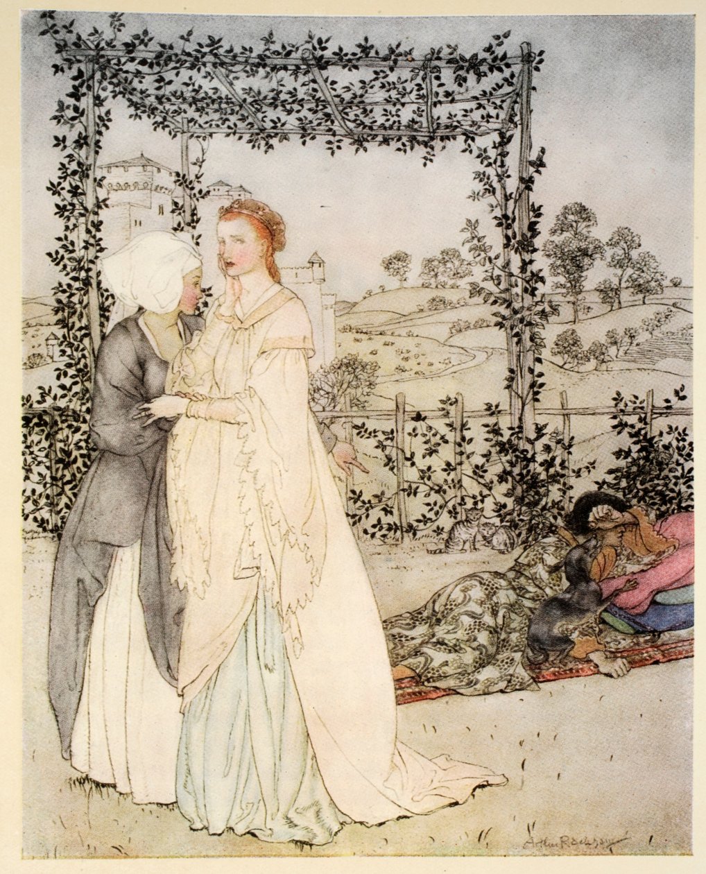 Jak nazwano Tristram małą brachet w ogrodzie zamku króla Marka, ilustracja z „Rosyju króla Artura i jego rycerzy Okrągłego Stołu” Alfreda W. Pollarda, 1910 (kolor l autorstwa Arthur Rackham