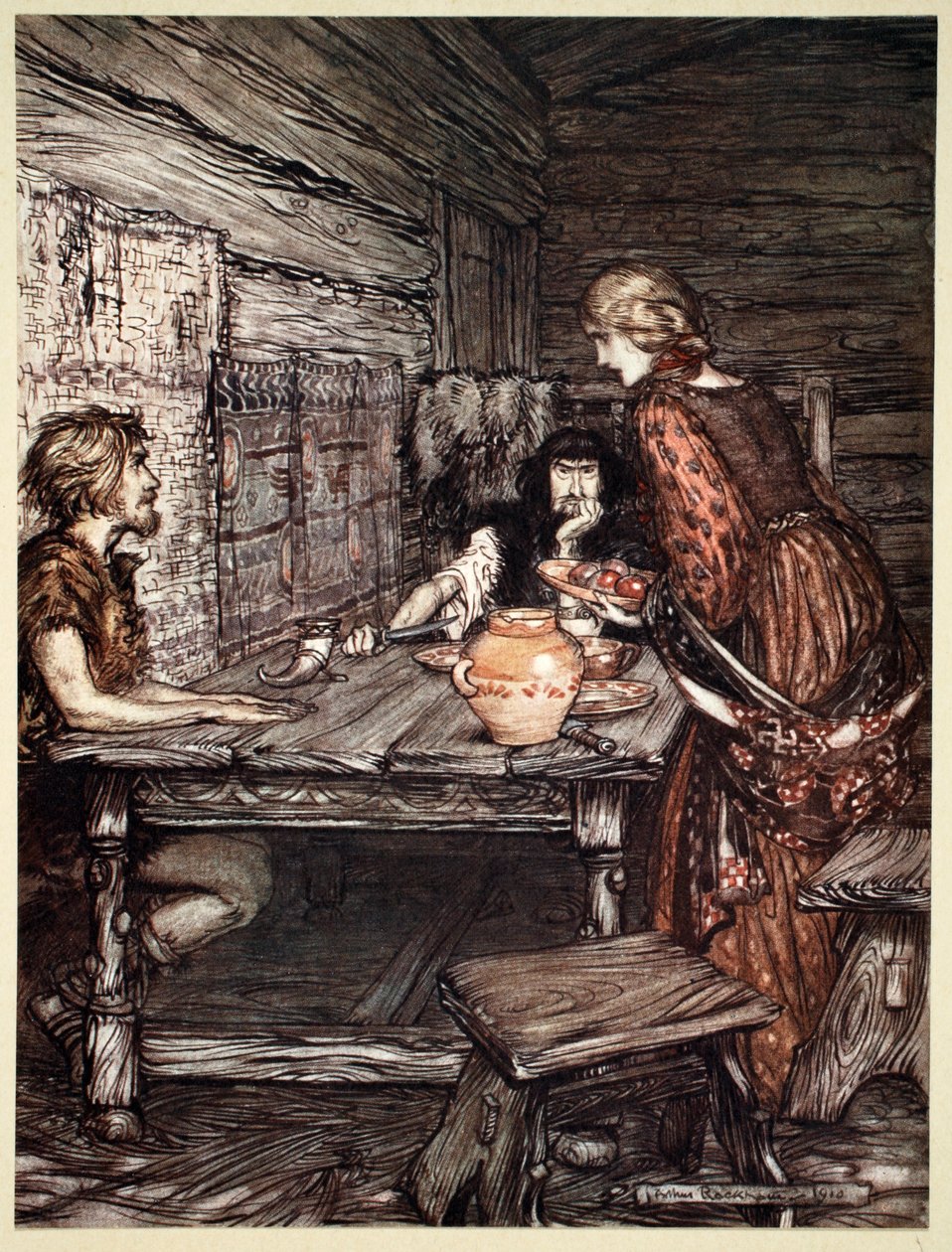 „Hunding odkrywa podobieństwo Siegmunda do Sieglunde”, 1910. autorstwa Arthur Rackham