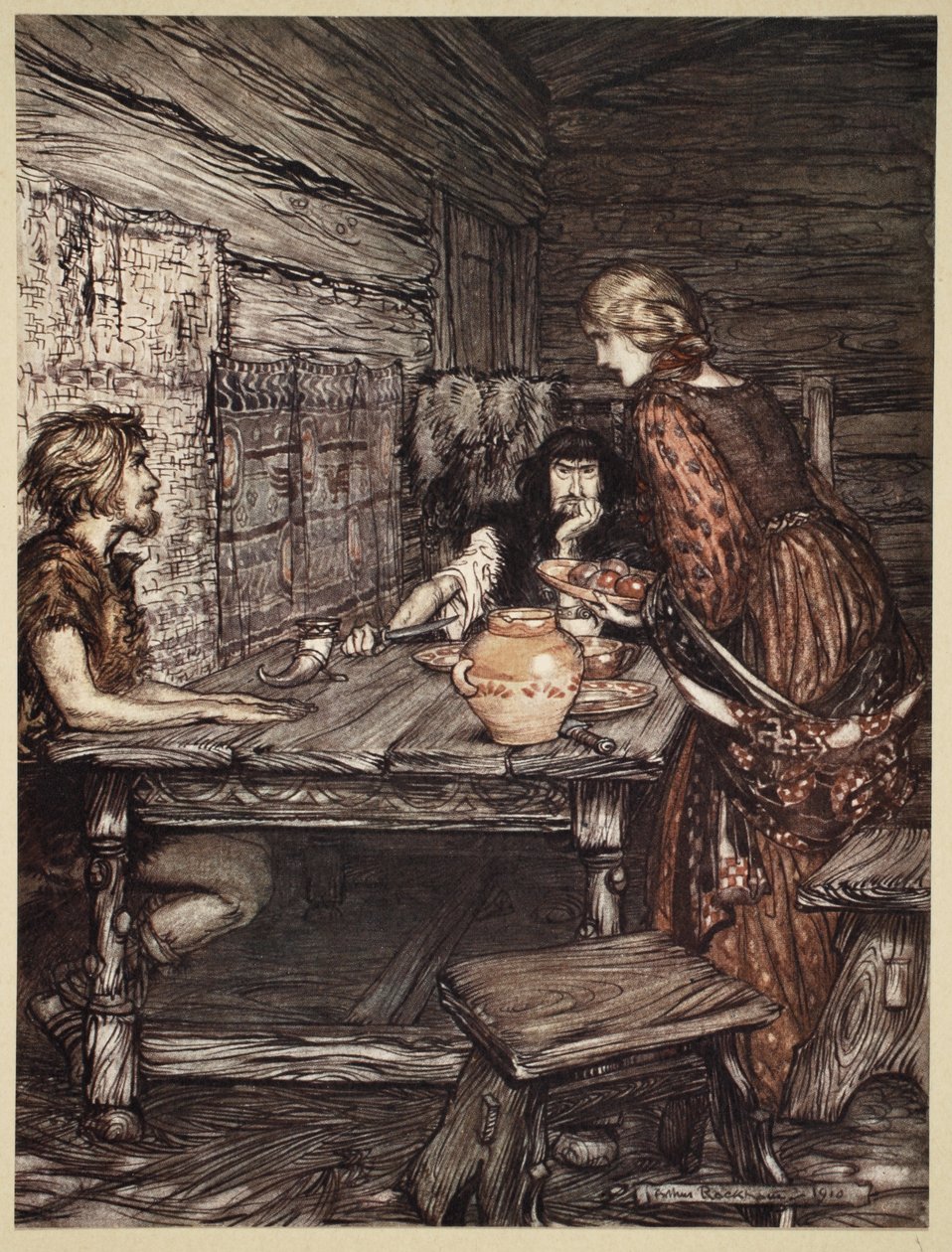 Hunding odkrywa podobieństwo między Siegmundem a Sieglunde, ilustracja z „Złoto Renu i Walkiria”, 1910 autorstwa Arthur Rackham