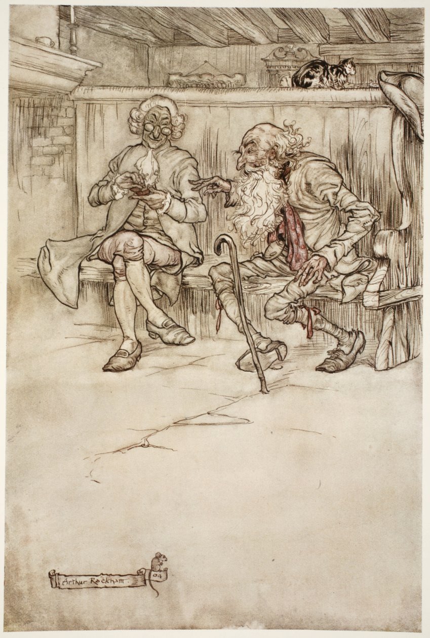 Sam rozmawiałem z Rip Van Winkle, który, kiedy go ostatnio widziałem, był bardzo wrażliwym starcem. Z Rip Van Winkle by Washington Irving, pub. 1910 autorstwa Arthur Rackham