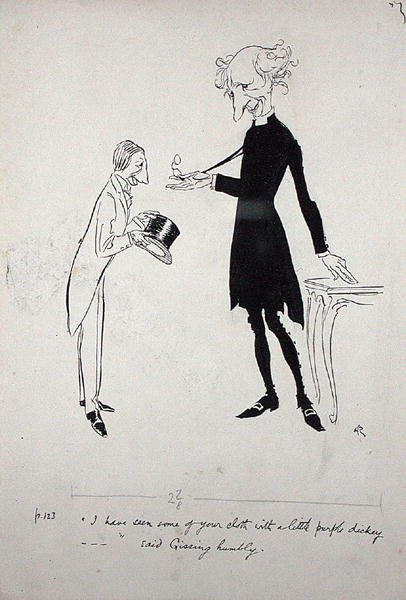 Widziałem niektóre z twoich ubrań z małym fioletowym kutasem… powiedział Gissing Humbly, ilustracja z „Where the Blue Begins” Christophera Morleya, opublikowana w 1925 r. (pióro i atrament) autorstwa Arthur Rackham