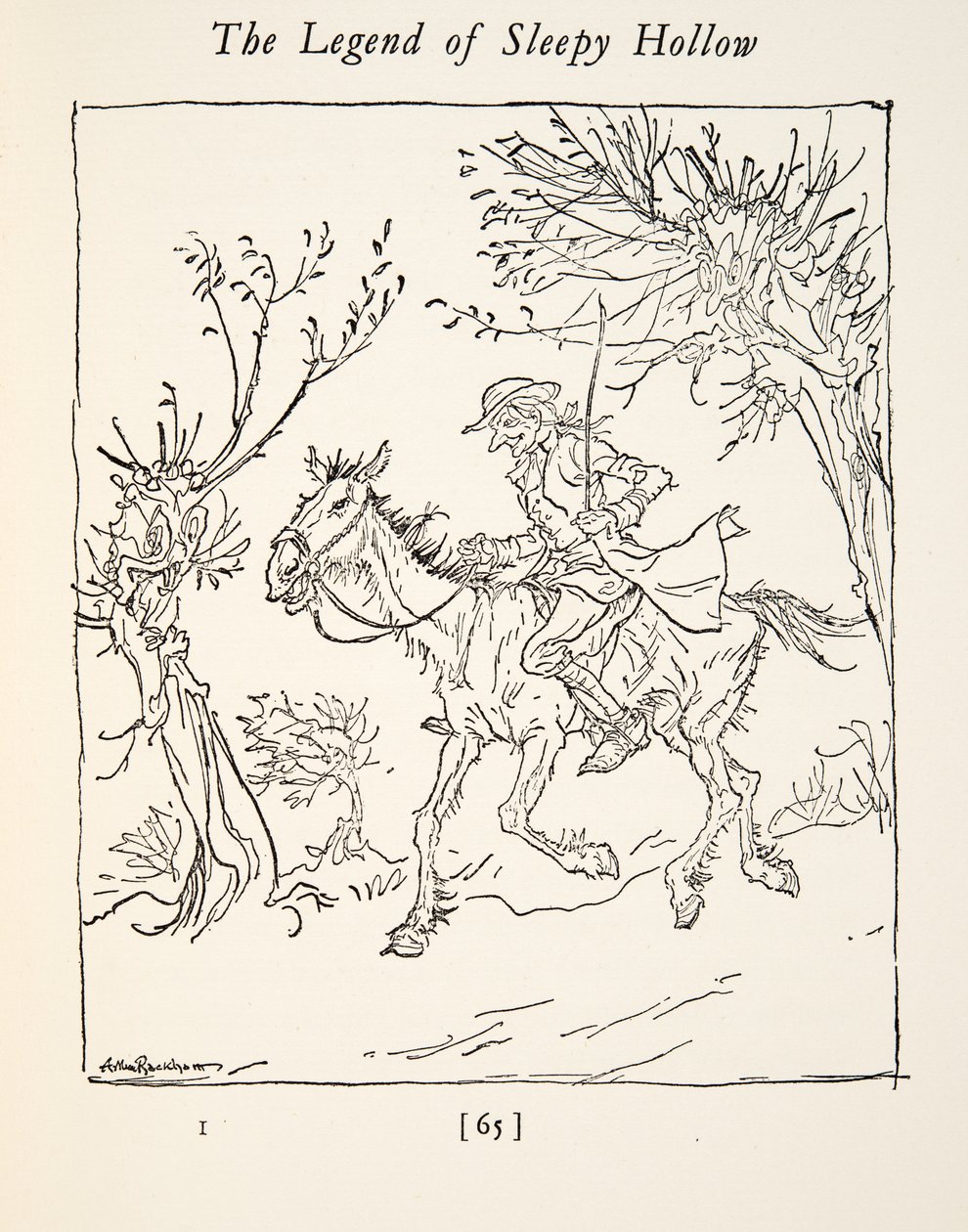 Ichabod Crane uciekający przed Bezgłowym Jeźdźcem, z The Legend of Sleepy Hollow autorstwa Washingtona Irvinga (1783 - 1859), wyd. 1928 autorstwa Arthur Rackham