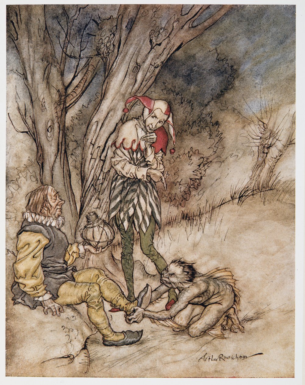 Pocałuję ich stopę: Przysięgam na ten temat, ilustracja z Burzy Williama Szekspira, wyd. 1926 autorstwa Arthur Rackham