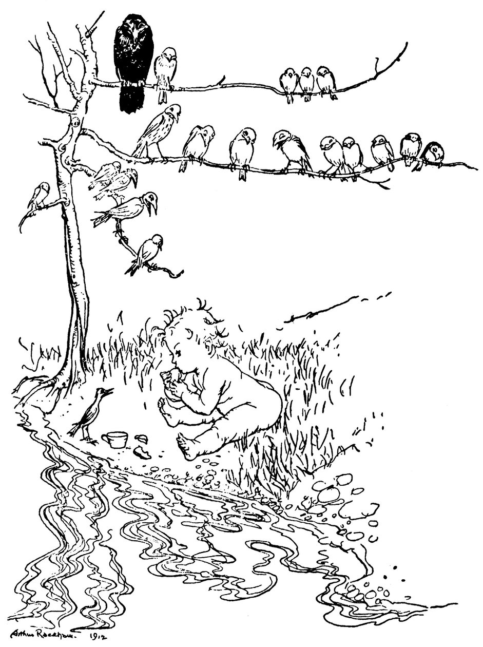 Ilustracja do Piotrusia Pana autorstwa Arthur Rackham