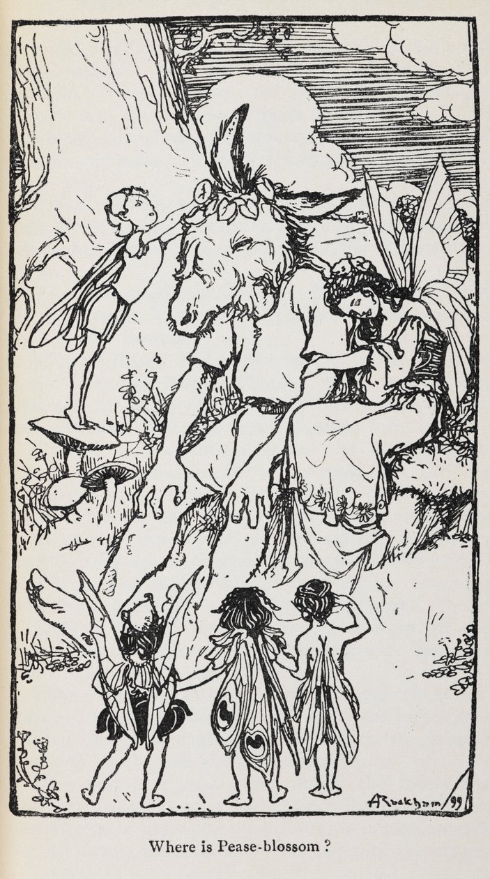 Ilustracja ze Snu nocy letniej z wróżkami i mężczyzną z głową osła. autorstwa Arthur Rackham