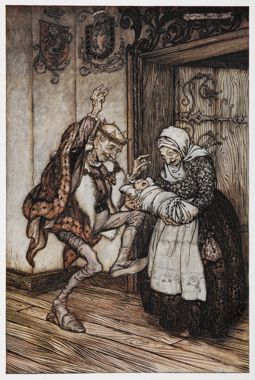 Ilustracja z Briar Rose przedstawiająca starszych królów i królową oraz ich dziecko. autorstwa Arthur Rackham