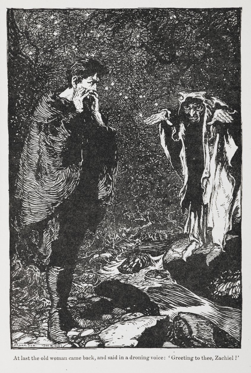 Ilustracja autorstwa Jorindy i Joringela przedstawiająca Zachiela i staruszkę. autorstwa Arthur Rackham