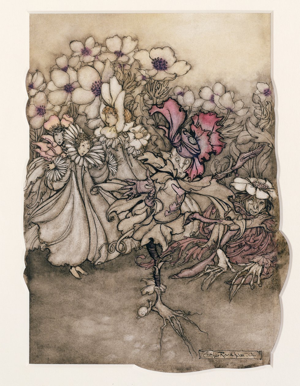 Ilustracja z Piotrusia Pana w Kensington Gardens autorstwa J.M. Barrie (1860-1937) 1906 (pióro i atrament z toaletą na papierze) autorstwa Arthur Rackham