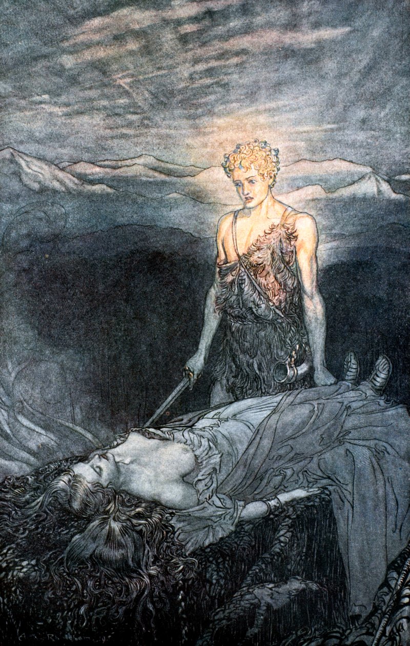 Ilustracja do filmu Zygfryd i Zmierzch Bogów, 1924. autorstwa Arthur Rackham