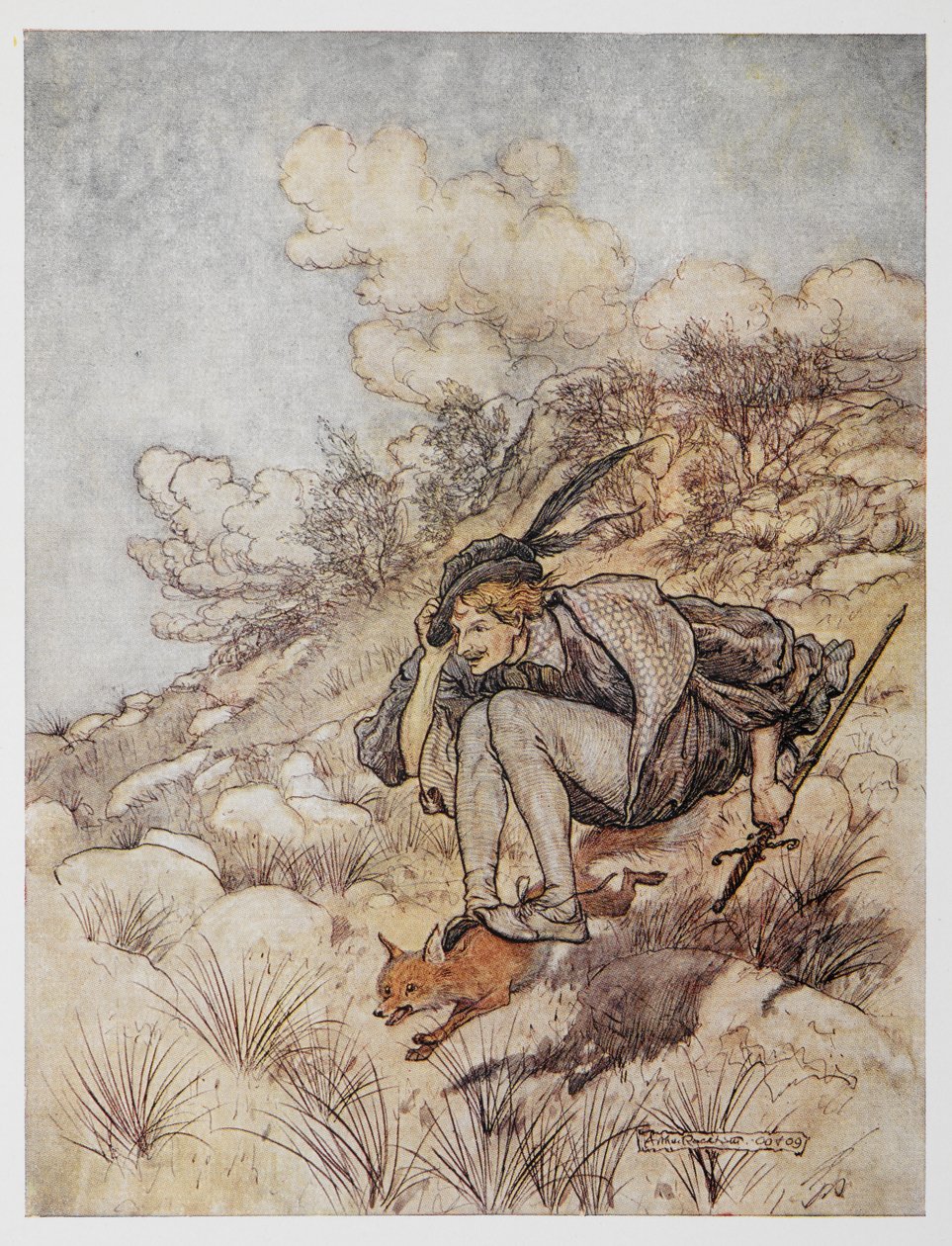 Ilustracja ze Złotego ptaka. Książę jadący na lisie. autorstwa Arthur Rackham