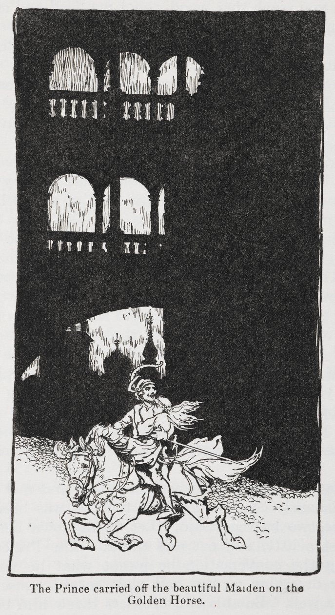 Ilustracja ze Złotego ptaka, kiedy książę porywa dziewczynę na koniu. autorstwa Arthur Rackham
