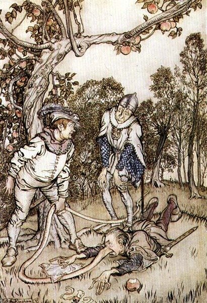 Ilustracja z „Drzewa w nosie” z Bajek braci Grimm autorstwa Arthur Rackham