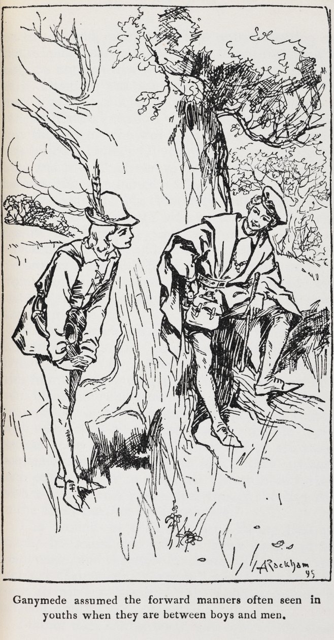 Ilustracja przedstawiająca Ganimedesa z Jak wam się podoba. autorstwa Arthur Rackham