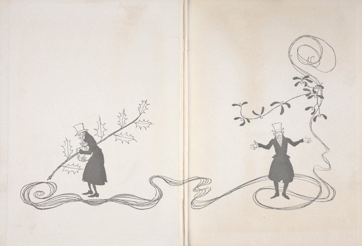 Ilustração de Scrooge. De um lado, ele é representado por um ramo de azevinho, segurando um saco de dinheiro e parecendo zangado. Por outro, ele é retratado com um ramo de visco parecendo feliz.polonês autorstwa Arthur Rackham