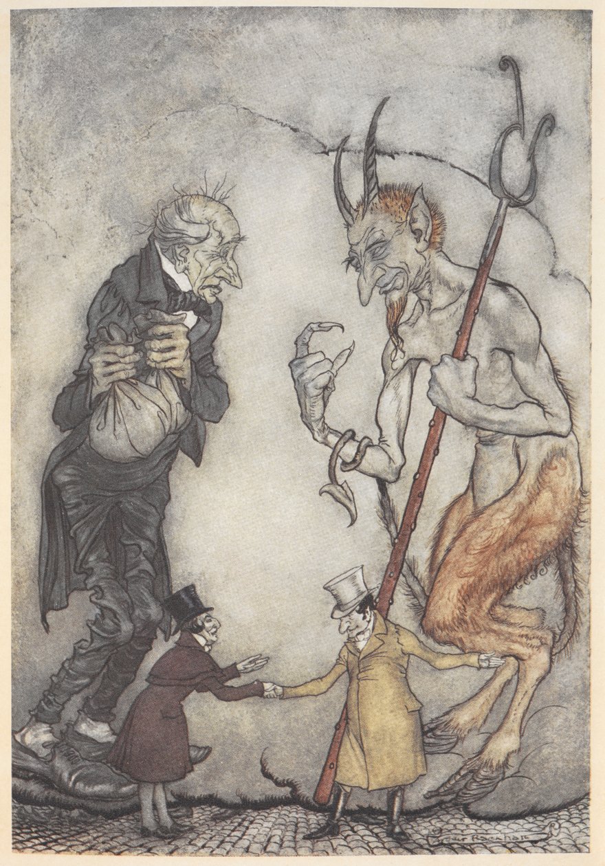 Ilustração de Scrooge e o diabo vão dois homenzinhos abaixo deles polonês autorstwa Arthur Rackham