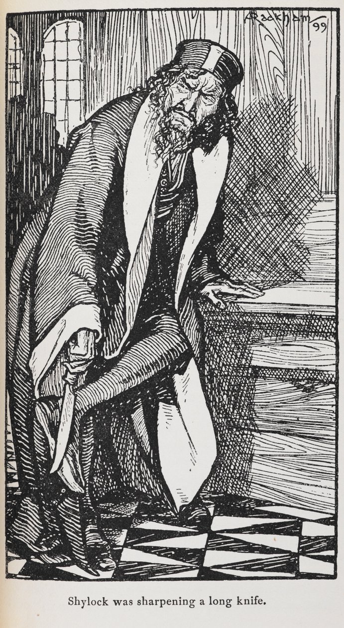Ilustracja przedstawiająca Shylocka z Kupca weneckiego autorstwa Arthur Rackham
