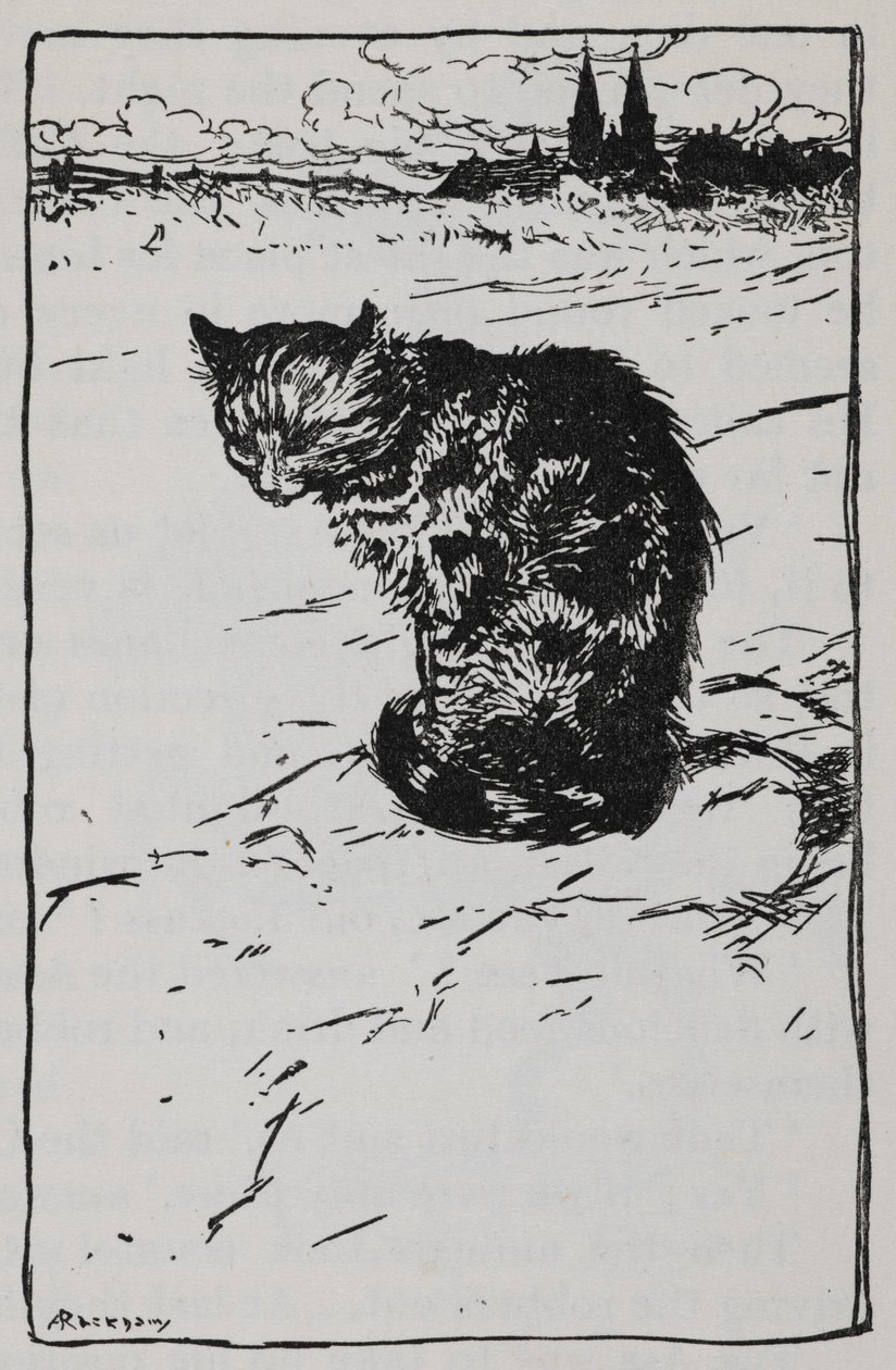 Ilustracja przedstawiająca kota z filmu The Bremen Town Musicians. autorstwa Arthur Rackham
