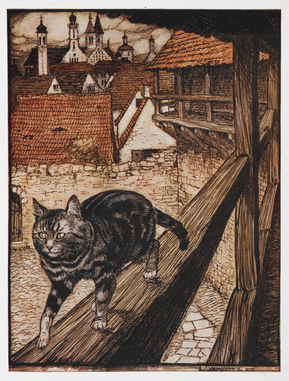 Ilustracja przedstawiająca kota idącego wzdłuż płotu z serialu Partnerstwo kota i myszy. autorstwa Arthur Rackham