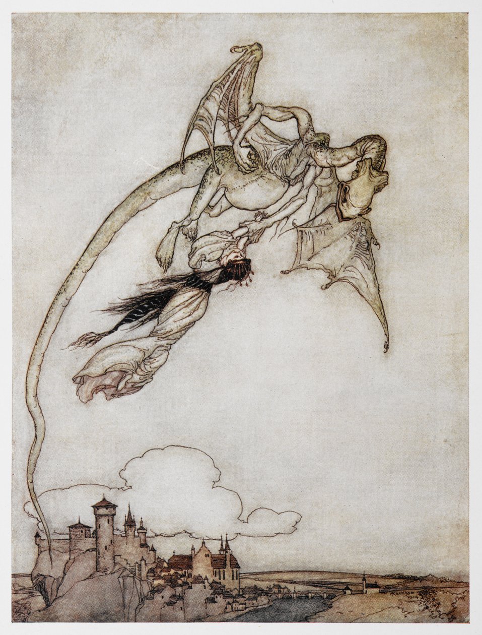Ilustracja przedstawiająca smoka porywającego księżniczkę z filmu Czterej sprytni bracia. autorstwa Arthur Rackham
