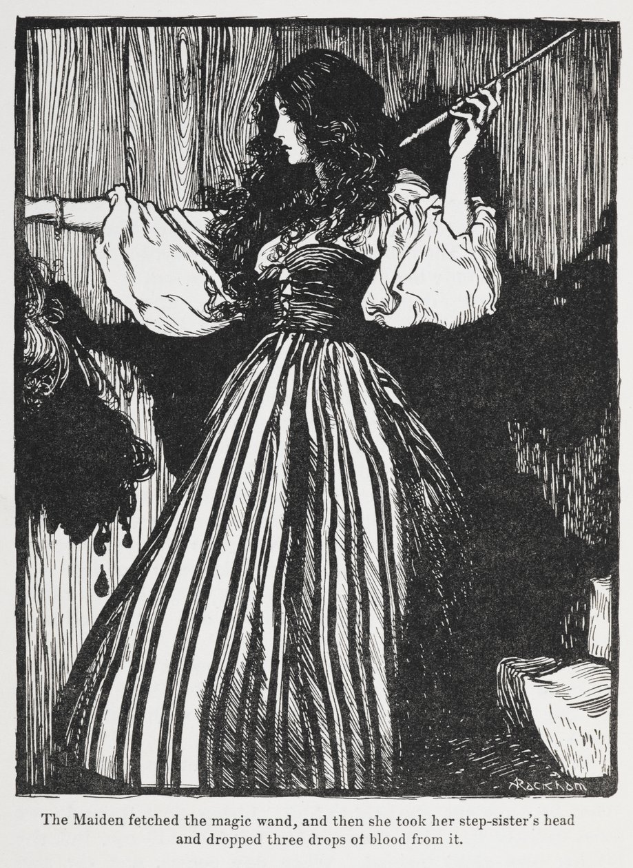 Ilustracja przedstawiająca dziewczynę w pasiastej sukience z filmu Sweetheart Roland. autorstwa Arthur Rackham