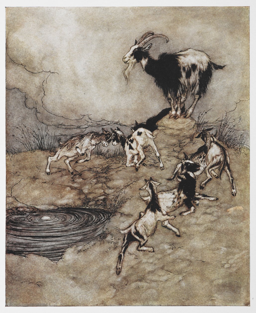 Ilustracja przedstawiająca kozę i jej małe dzieci bawiące się z filmu Wilk i siedmioro dzieci. autorstwa Arthur Rackham