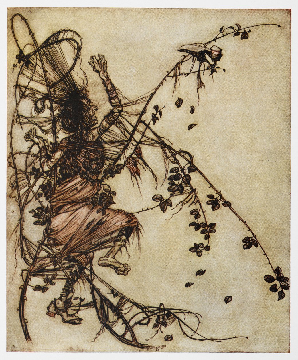 Ilustracja przedstawiająca mężczyznę uwięzionego w cierniach z filmu Ukochany Roland. autorstwa Arthur Rackham