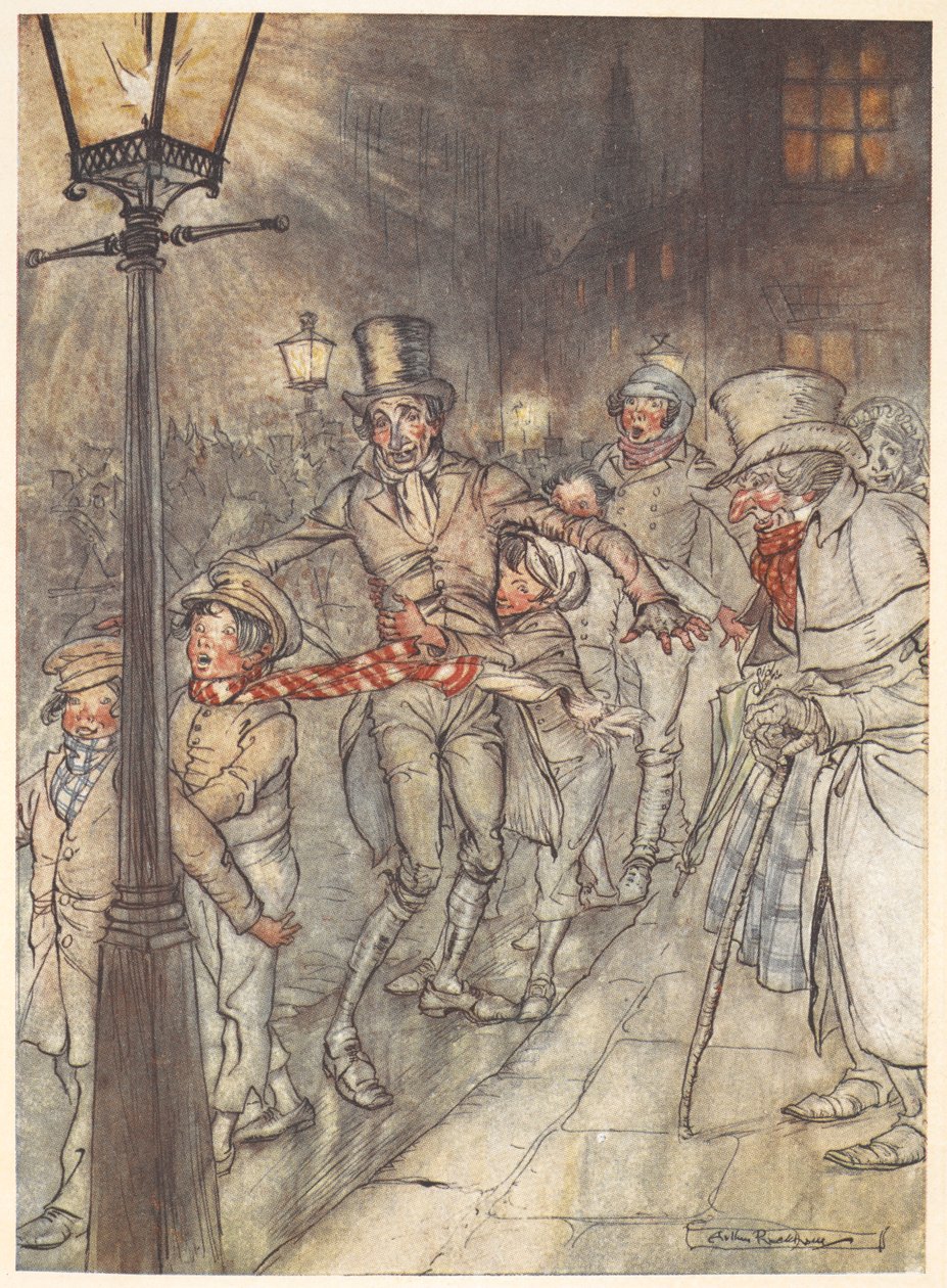 Ilustracja sceny ulicznej w Wigilię Bożego Narodzenia z Bobem Cratchitem i dziećmi. autorstwa Arthur Rackham
